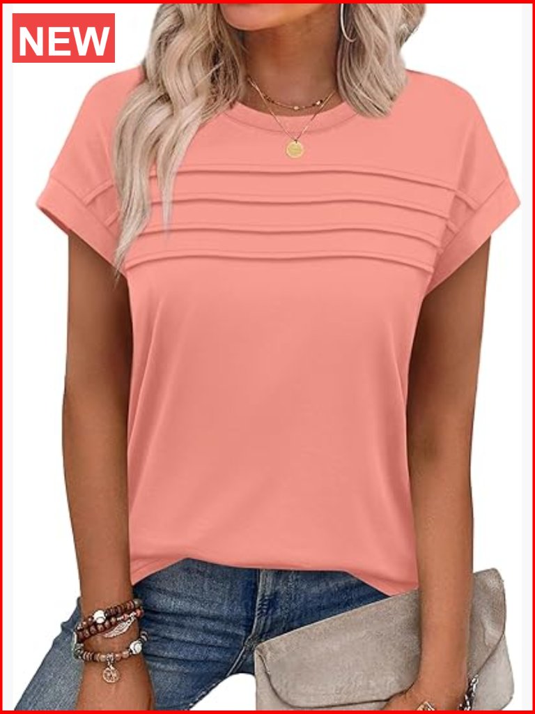Cap Sleeve T Shirt Crew Neck Pleated Front Tunic Blouse Summer Top